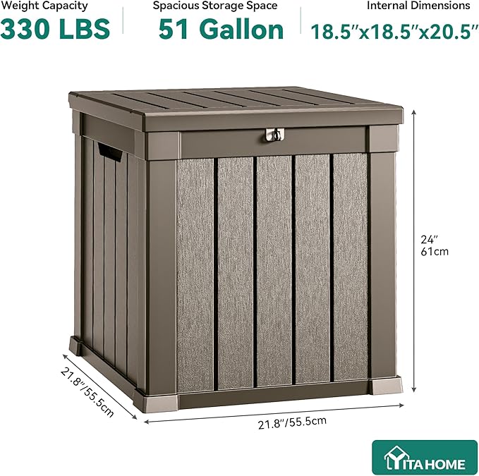 YITAHOME Deck Box | 51 Gallon Weatherproof Outdoor Storage Container for Patio Cushions, Pool Supplies, Garden Tools, Lockable Lid and Side