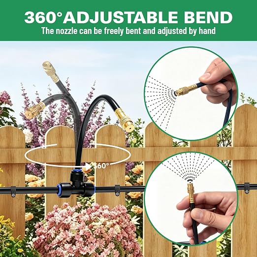 Riboud 110Ft Drip Irrigation System, 2026-Upgrade Garden Watering Kit with 16 Adjustable Copper Rotating Arm Nozzles, 360° Flexible Spray Irrigation Kit for Raised Beds, Lawn, Greenhouse