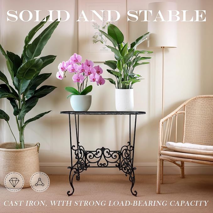 Heavy Duty Cast Iron Potted Plant Stand Garden Table - 22.8IN. Oval Plant Shelf, Vintage Ornament Display Stand, Corner Plant Stand for House Decor, Balcony, Living Room or Patio wrought flower bloom bar