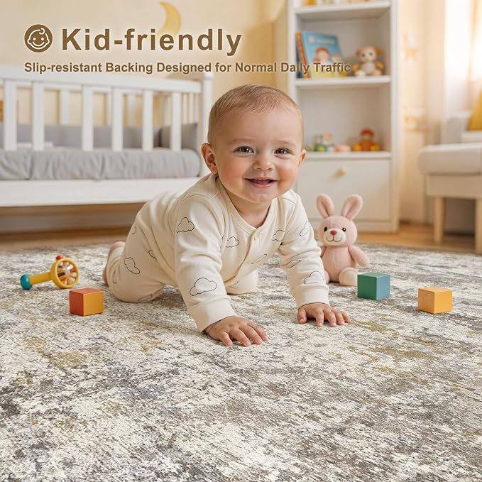 kakania Washable 9x12 Area Rug for Living Room: Abstract Modern Home Decor | Soft Stain Resistant, Low-Pile, Non-Slip, Pet & Kid Friendly, Thin Rug for Bedroom/Dining Room/Kids Dorm - Brown Gold