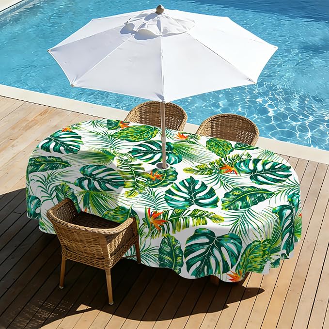 Green Leaves Outdoor Oval Tablecloth with Umbrella Hole 60" x 120" Waterproof Zipper Table Cloth for Patio Table - Ideal Tablecloths for Picnics, Camping, and Yard Use