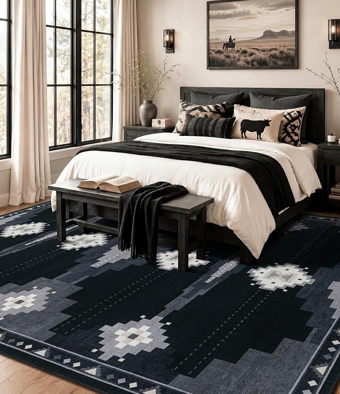 8'x10' Washable Large Living Room Area Rug, Black and Grey Tribal Aztec Rug | Soft, Non-Slip, Low Pile, Western Geometric Design, for Boy Bedroom Dining Room Playroom, Pet Friendly, Stain Resistant