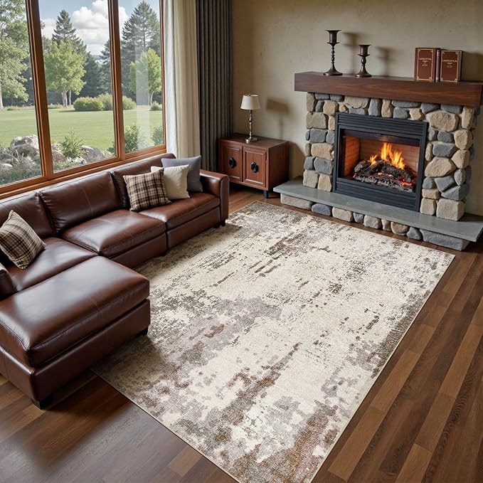 UERMEI 8x10 Area Rug Living Room Rugs - Washable Neutral Modern Abstract Soft Thin Large Rug Indoor Floor Non Slip Rug Carpet for Bedroom Under Dining Table Home Office Decor - Brown/Grey/Beige