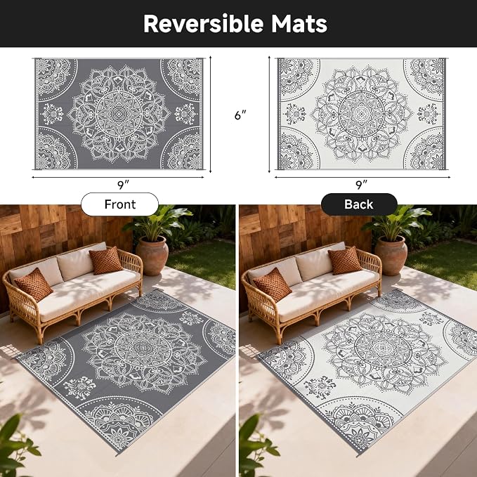Pauwer Waterproof Outdoor Rug 6x9, Reversible Plastic Straw Patio Camping Rug, Indoor Outdoor RV Mat Carpet for Deck, Camper, Porch, Balcony, Backyard, Picnic, Floral Grey