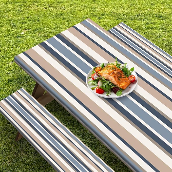 Picnic Table Cover with Bench Covers Elastic Edges, Blue Tripes Camper Fitted Table Cover, Outdoor Patio Camping Essentials 72 Inch 4PCS, Waterproof Camping Fitted Tablecloth with Drawstring Bag