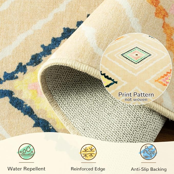 Area Rug 8x10 Rug Machine Washable Non-Slip Low Pile Print Pattern Western Rug for Living Room Bedroom Entryway Tribal Series -Cream/Beige | Soft Western No Slip Low Pile Print Foldable Indoor for Kitchen Dining Room