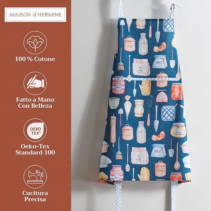 Maison d' Hermine Aprons for women with Pocket 100% Cotton (27.50"x31.50") | Adjustable Neck Strap & long ties Apron Men Chef Wedding Cooking Gardening Server Maid