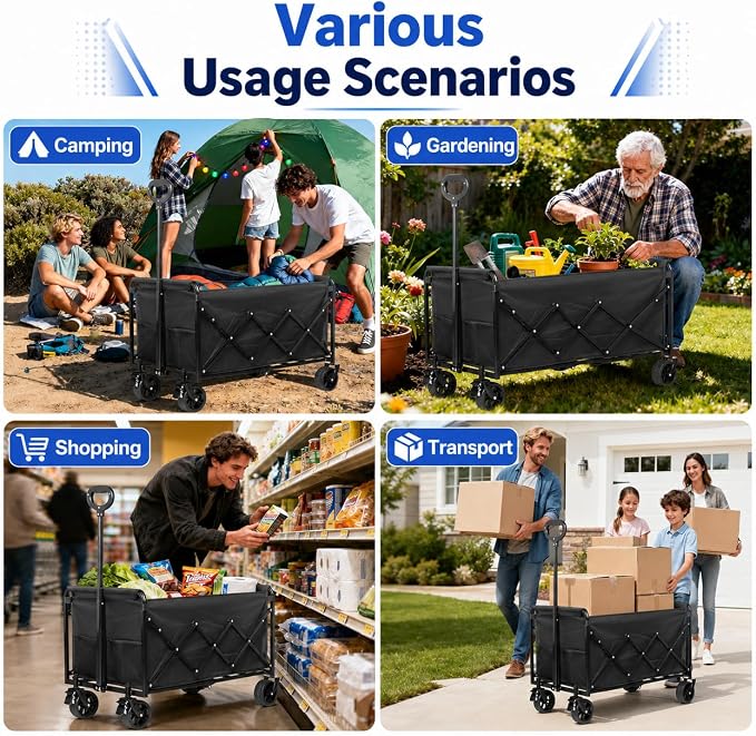 Wagons Carts Foldable, 500 lb 220L Collapsible Wagon with Brakes | Folding Wagon Cart with brakes, compact folding design and large storage for camping, groceries, sports and outdoor hauling