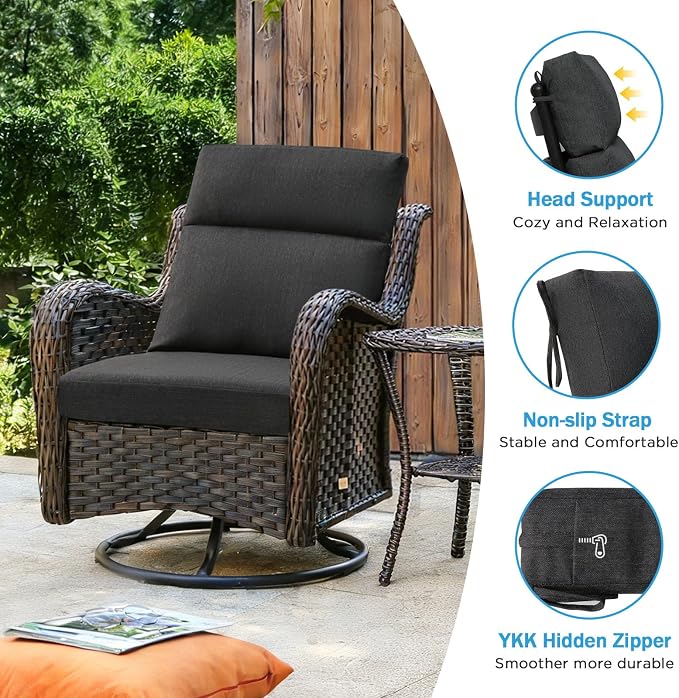 Sunbrella Outdoor Patio Chair Cushions 44x21x3.5 inch, Set of 2 Thicken Comfy Cushions for Rocker Non Slip Fade Shield Water Repellent High Back with Ties, Canvas Soot