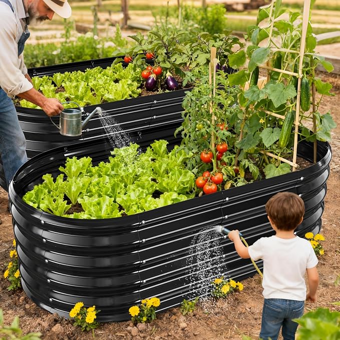 YSEJOMP 17" Tall Outdoor Garden Raised Garden Bed Kits, 4ft X 2ft Oval,0.8MM Thick Metal Raised Planter Bed/Ground Planter Box for Variety of Flowers,Herbs,Vegetables (Black, 48X24X16.5 Inches)