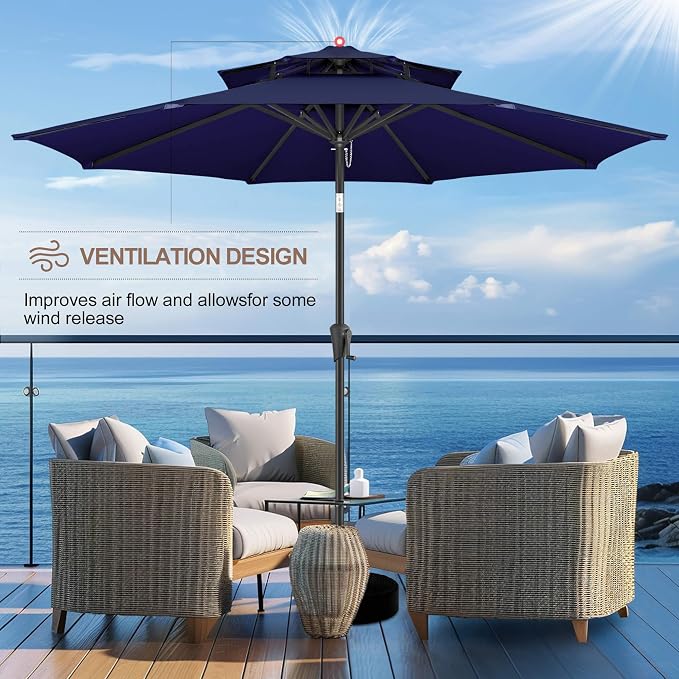 FLAME&SHADE 9ft Patio Umbrella - 2 Tiers Outdoor Umbrella with Push Button Tilt and Crank for UV Protection, Table Market Umbrella for Garden, Deck, Backyard, Pool and Beach(Navy Blue)