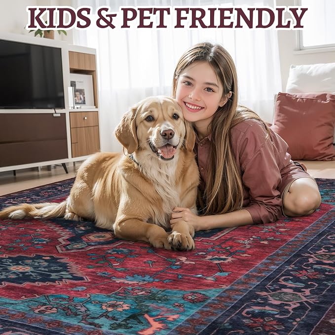 Tangsoo Oriental 3x5 Washable Area Rugs, Vintage Non Slip Accent Rug | Boho Indoor Print Distressed Carpet, Soft Low Pile Rug for Living Room Dining Bedroom Bedside Entryway Burgundy Navy