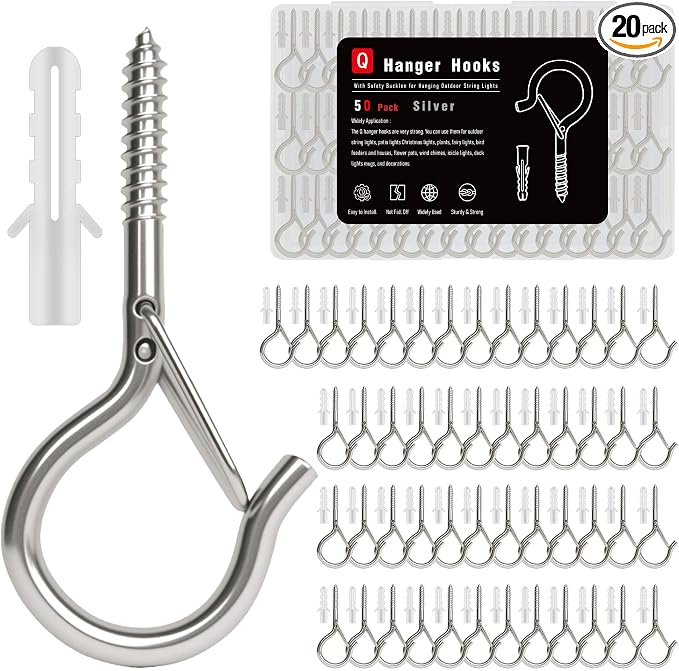 Black Screw Hooks with Safety Lock 2.3" Rustproof Metal Ceiling Hooks for Hanging Plants, Baskets,String Lights & Outdoor Decor, 40LB Capacity (50, Silver)