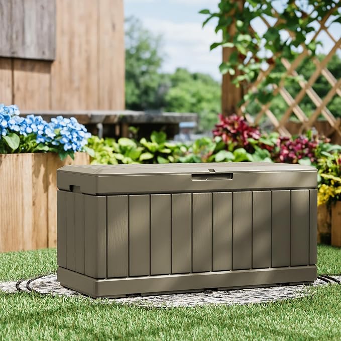 Greesum 82 Gallon Resin Deck Box All Weather Large Outdoor Storage for Patio Furniture, Toys, Garden Tools, Lockable, Light Coffee