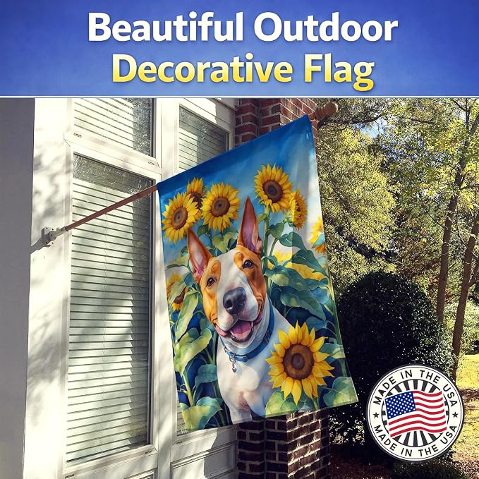 Caroline's Treasures DAC6070CHF English Bull Terrier in Sunflowers House Flag Large Porch Sleeve Pole Decorative Outside Yard Banner Artwork Wall Hanging, Polyester, House Size, Multicolor