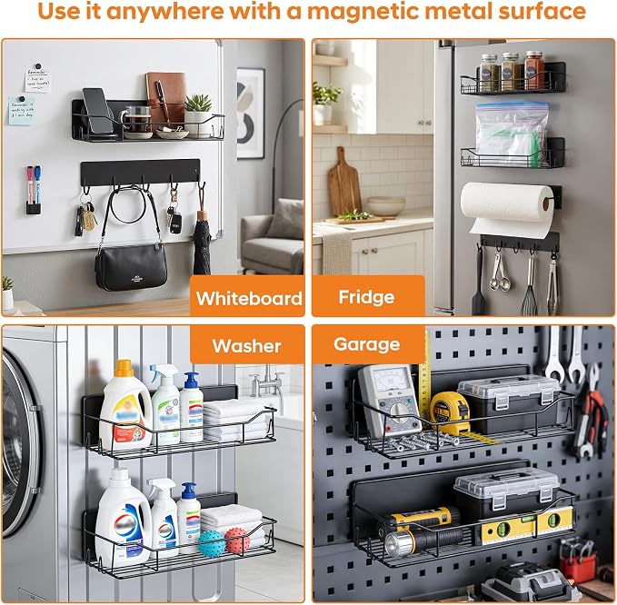 Magnetic Grill Caddy with Bins, BBQ Tool Organizer with Paper Towel Holder | Magnetic Grill Organizer, Magnetic Storage Rack, Fits Most Metal Gas Grills, Pellet Grills & Smokers