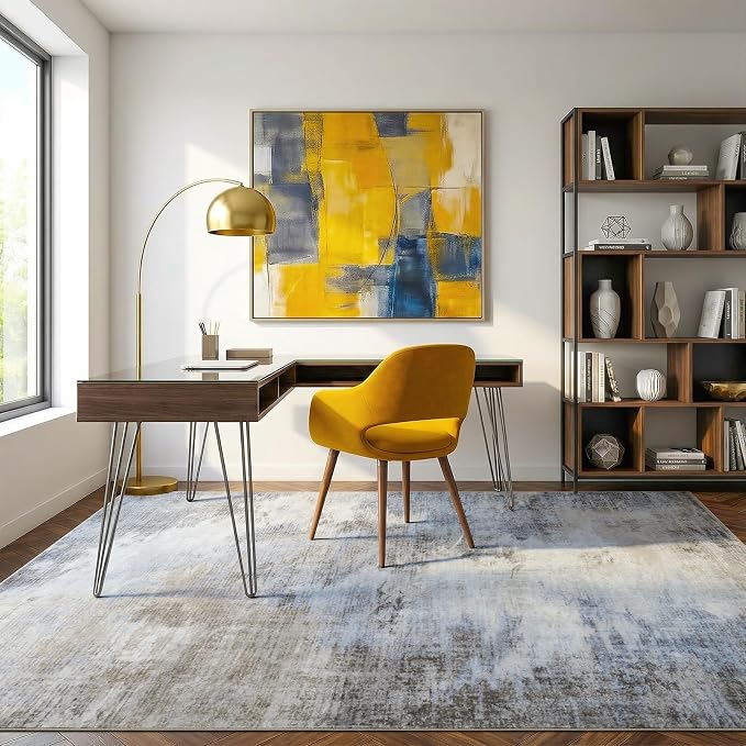 Low Pile Abstract 6x9 Washable Rug for Bedroom Mid-Century Modern | Stain Resistant Non-Slip Rugs for Living Room, Cool Floor Carpet for Farmhouse, Vintage Home Decor, Misty Blue Beige Gray