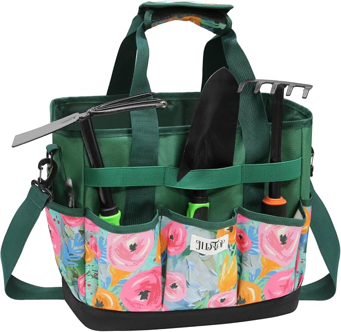JLDTOP Garden Tool Bag with Hard Bottom, Multi-Pockets Gardening Tote with Shoulder Strap, for Women Outdoor Yard Plant Work Gift (Tools Not Included) (Green Floral)