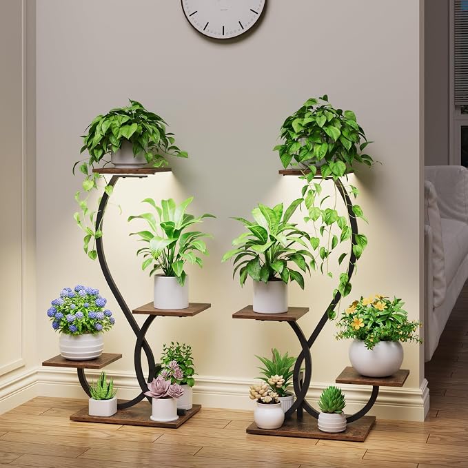 BACEKOLL Plant Stand Indoor with Grow Lights - 2 Pack Plant Shelf, Lighted Corner Plant Stands for Indoor Growing, 4 Tiered Metal Flower Holder, S-Shaped Decorative Shelves for Home, Hallway, Black