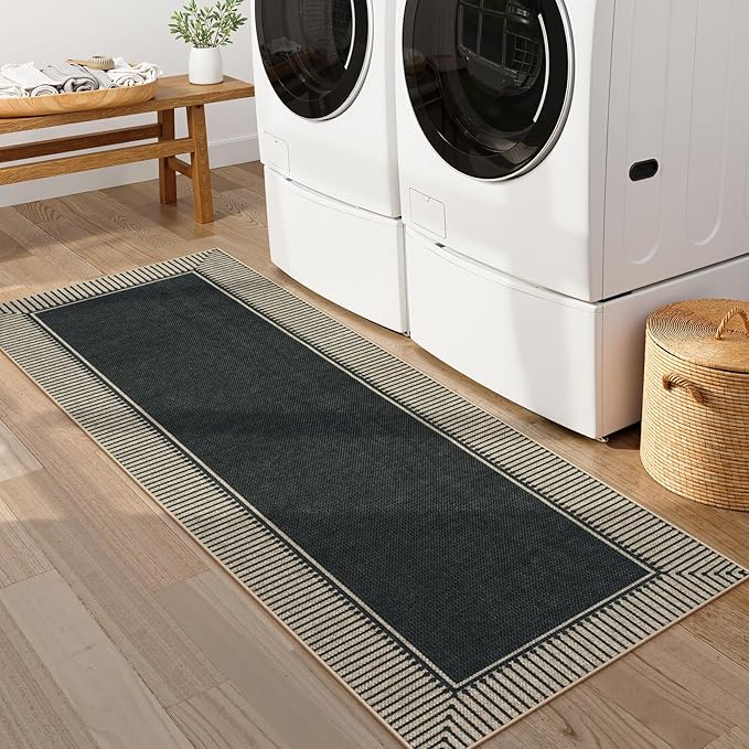 Moynesa Washable Black Striped Border Easy Jute Runner Rugs 2x6, Entryway Rug Runners for Kitchen, Farmhouse Indoor Outdoor Non Slip Carpet for Hallways Bathroom Bedroom Laundry