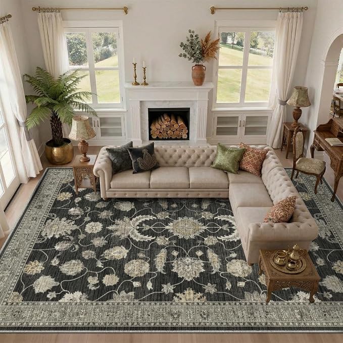 8x10 Area Rug Vintage Washable Rugs for Living Room Bedroom Nursery | Farmhouse Boho Floral Neutral Washable Stain Resistant Indoor Carpet for Bedroom Office and Home Decor (Black&Gold)