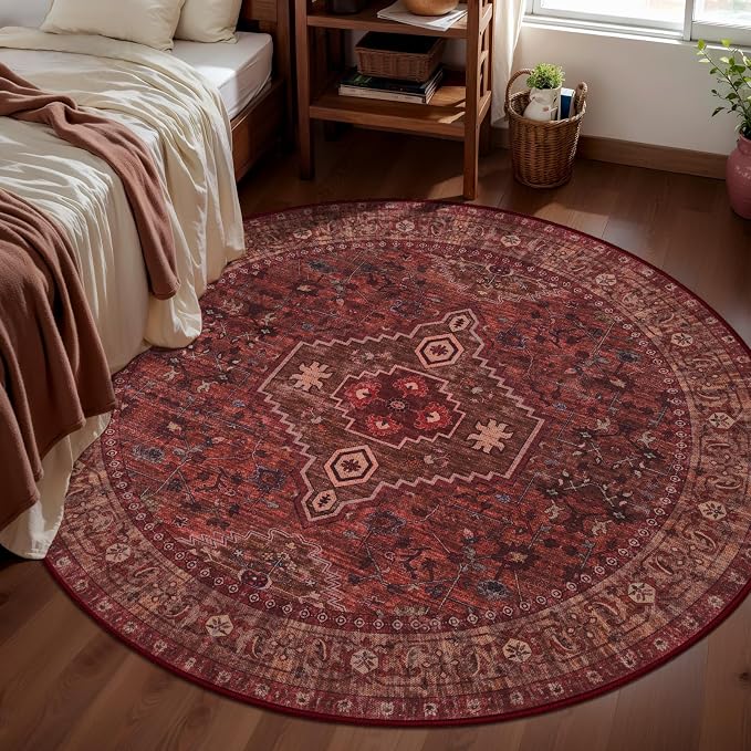 Tangsoo Red Round Washable Rugs 4ft, Oriental Non Slip Small Circle Rug | Boho Low Pile Circular Rugs, Vintage 4x4 Round Area Rug for Living Room Bedroom Entryway Nursery Office Dark Red Home Decor
