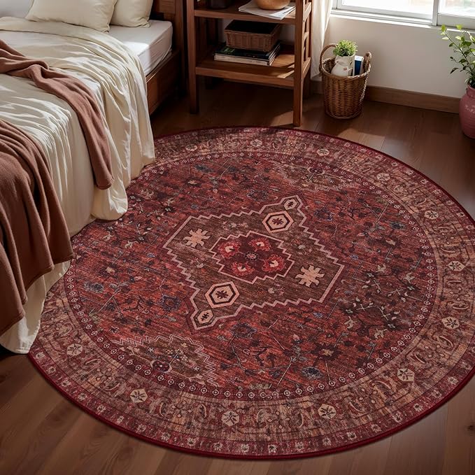 Tangsoo Red Round Area Rugs 5ft, Washable Oriental Non Slip Circle Rug | Boho Low Pile Circular Rugs,Vintage Round Carpet for Living Room Dining Room Bedroom Nursery Dorm Office Dark Red Home Decor