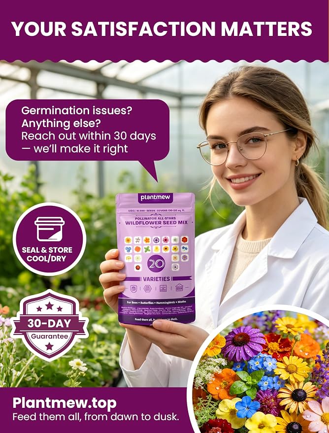 Wildflower Seeds Mix – Pollinator All-Stars, 20 Heirloom Varieties, 10,000+ Seeds (4oz) Covers 100-120 sq.ft. – High Germination for Bees, Butterflies, Hummingbirds & Moths Outdoor Garden