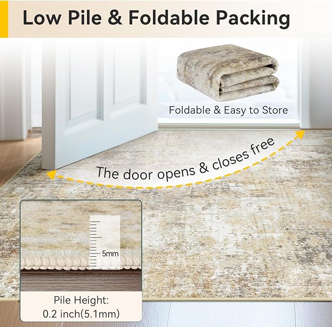 RELEANY Washable Round 6ft Area Rug for Living Room Neutral Brown | Carpet for Bedroom, Kitchen, Office, Hallway and Entryway, Printed Pattern, Non‑Slip, Soft, Stain‑Resistant, Easy to Clean