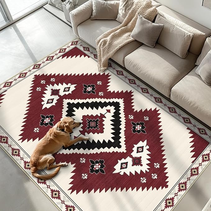 5x7 Area Rug Western Rugs for Living Room Southwest Aztec Rug | Washable Southwestern Navaj Tribal Rugs Low Pile Non-Slip Floor Carpet for Dining Room Bedroom Kitchen Office, Beige Red