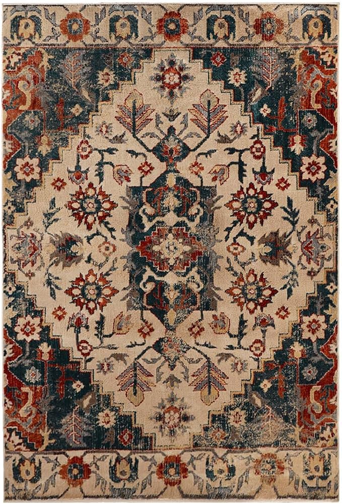 Superior Indoor Area Rug or Runner, Patchwork Rustic Leaves Floor Decor, Soft Plush Rugs for Living Room, Office, Kitchen, Dining, Aesthetic Home Accessories, Zelder Collection 8ft x 10ft -Ivory-Teal
