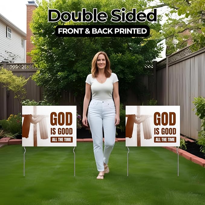 God is Good - All the Time! Yard Sign by DC | 24"x18" Double Sided Church Garden Sign with 13” Metal Stakes | Outdoor Signs Waterproof for Lawn, Patio, Sidewalk & House | Set of 2 | Made in USA