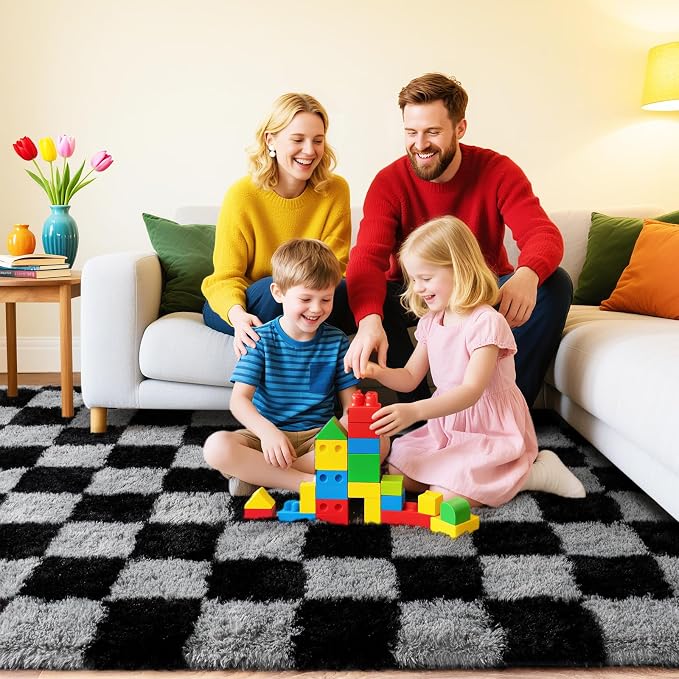 Checkered Rug for Living Room 8x10, Ultra Fluffy Fuzzy Shag Black and Grey Large Area Rug for Bedroom, Modern Plush Soft Upgrade Non-Slip Carpet for Kids Girls and Boys Room Dorm Home Decor