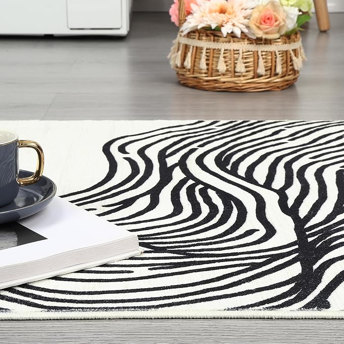 GAOMON 5x7 Area Rugs Washable Rug Non Slip Modern Rug Soft Faux Wool Carpet Indoor Contemporary Stripes Rugs Non Shedding Black White Print Carpet for Bedroom Living Room Dining Room Office Cream