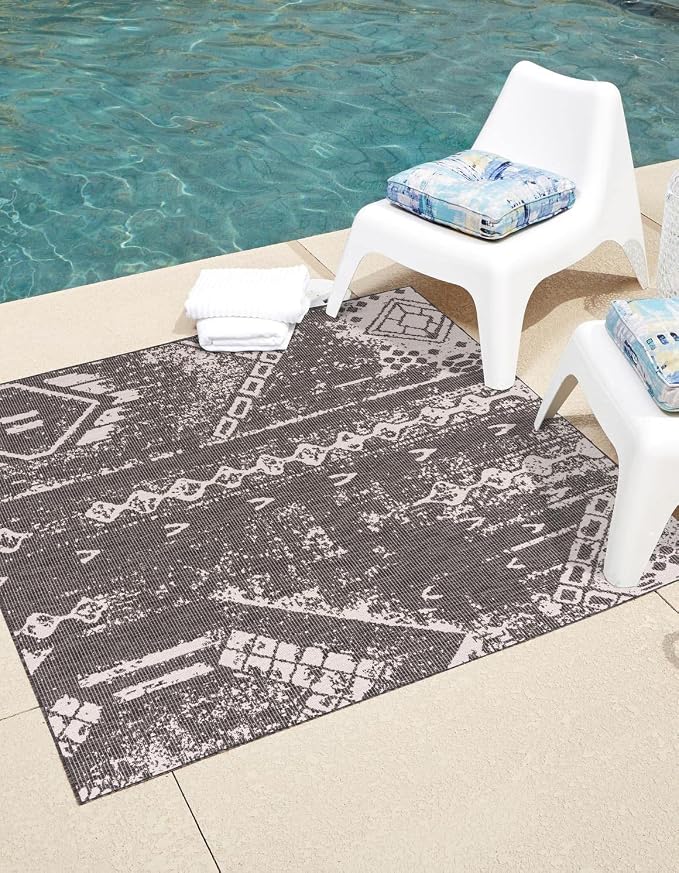 Unique Loom Outdoor Bohemian Collection Area Rug - Anthro (10' 8" Square, Charcoal Gray/ Ivory)