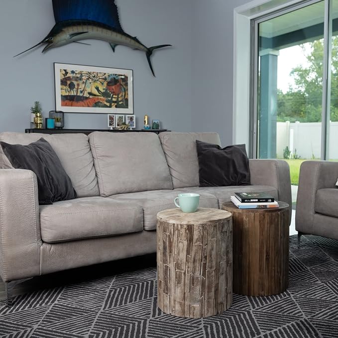 Balkene Home Patio Sense 62420 Elyse Round Rustic Garden Stool Wood Outdoor Seating & End Table Portable Adaptable Outdoor Furniture Ideal for Entertaining, Gardening & Decor - Seasoned Patina Finish