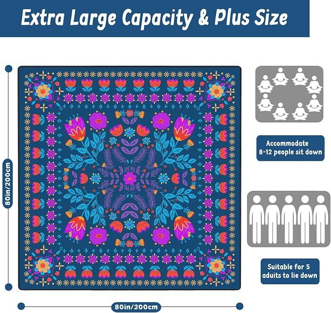 Picnic Blankets Extra Large Waterproof, 80"x 80" Dark Floral Beach Mat with Corner Pockets Windproof Sandproof Foldable Portable 3-Layer Mat Darker for Wet Grass,Parks,Music Festival,Camping,Concerts