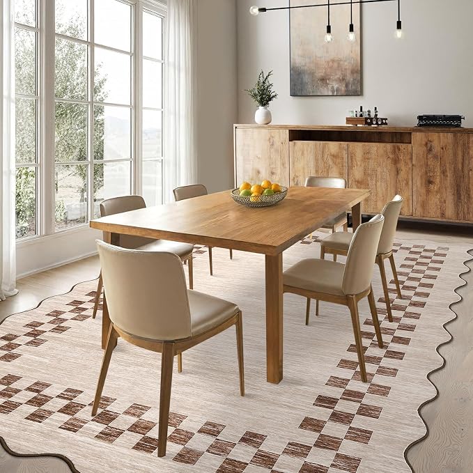 GarveeHome 4x6 Area Rug Small Washable Living Room Carpet Scalloped Rug | with Rubber Backing Stain Resistant Low Pile Dining Room Throw Carpet Modern Bordered Mat for Bedroom Kitchen, Beige