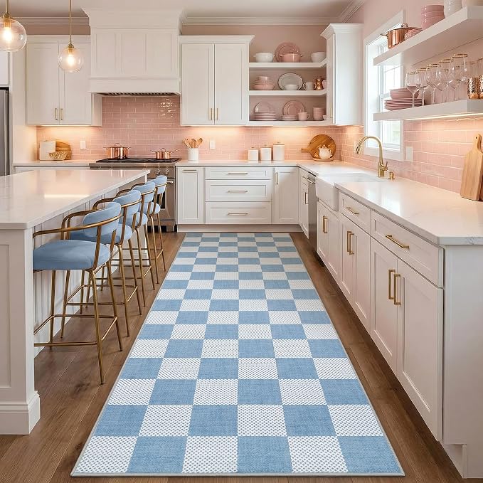 GarveeHome Checkered Blue 2x6 Washable Kitchen Runner Rug Low-Pile Entryway | Light Blue Small Area Rug for Hallway Bedroom Bathroom Non-Slip Stain Resistant Geometric Rugs TPE Backing
