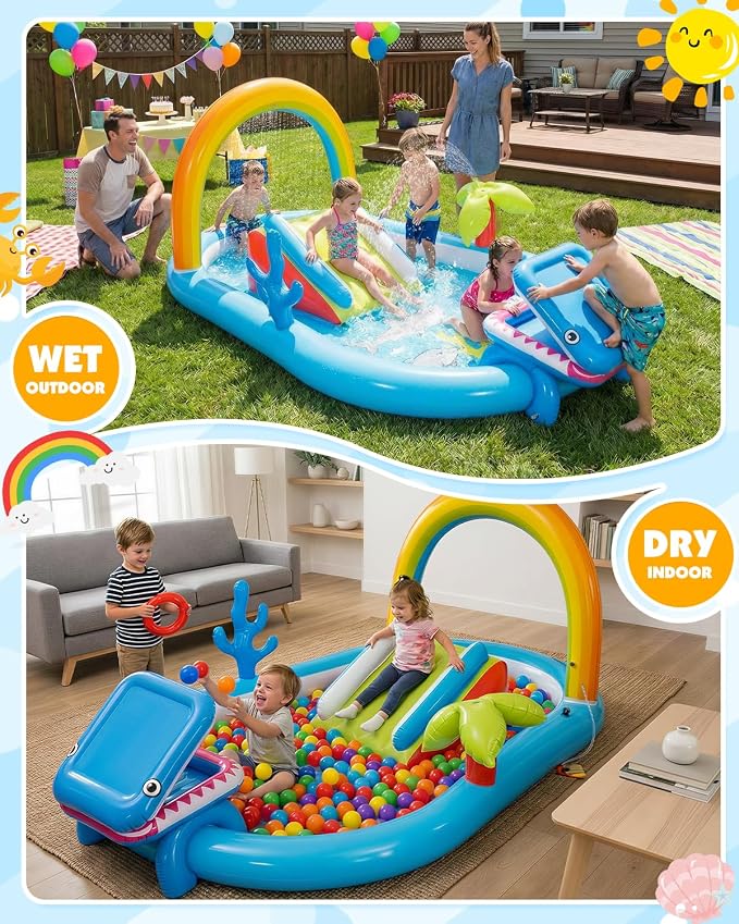Whubefy Inflatable Kids Play Center Outdoor/Indoor 98 × 64 × 39 in Kid Pool Slide, with Water Sprayer, Waterfall, and Ocean Ball, Multicolor (Without Blower)