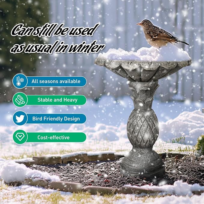 SunJet 24.8 Inch Heigh Concrete Bird Bath with Pineapple Texture – birdbath Sturdy & Elegant Design, Vintage Freestanding Style, Attracts Birds and Enhances Garden, Patio, Yard, Lawn Décor