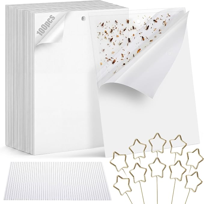 100 Pcs Gnat Sticky Traps for Plants, Transparent Double Sided Indoor Outdoor Pest Control for Fungus Gnats, Fruit Flies, Whiteflies, Aphids & Leaf Miners, Includes 10 Card Clips & 100 Twist Ties