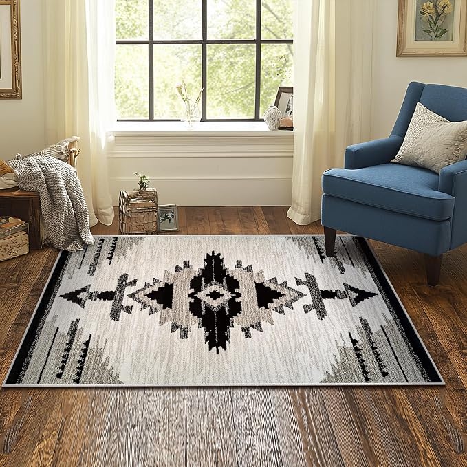 Western Area Rug Southwestern Aztec Navajo Washable 3x5 Rugs for Living Room Bedroom Southwest Tribal Gray Beige Non-Slip Soft Floor Large Carpet for Office Entryway Bathroom