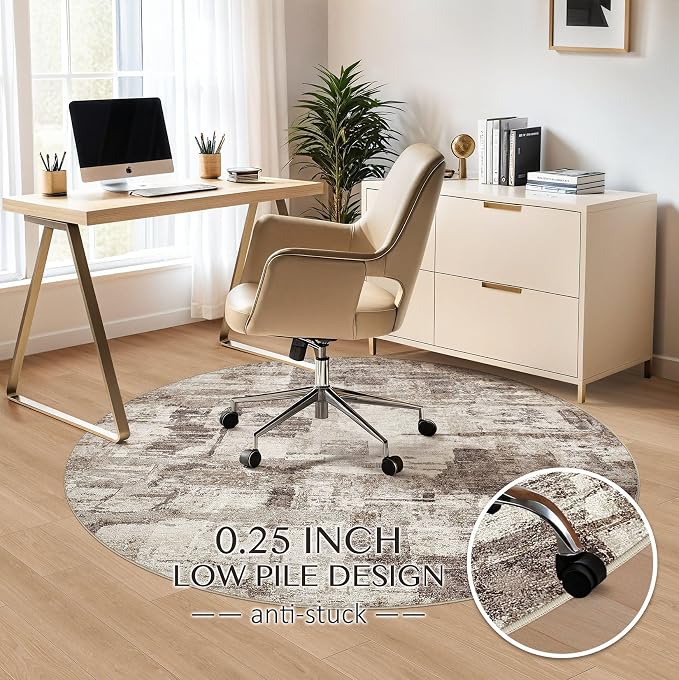 kakania Abstract 5x5 Round Rugs for Living Room: Circle Rugs 5FT Brown | Washable, Soft, Non-Slip, Low-Pile, Pet & Kid Friendly - Modern Home Decor Carpet for Bedroom/Dining Room/Nursery