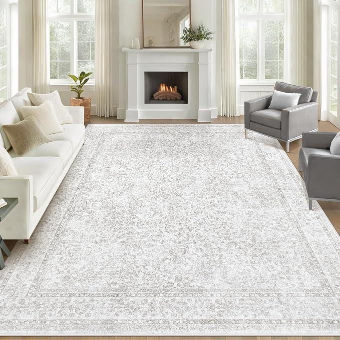 9x12 Area Rugs for Living Room: Washable Large Vintage Floral Rug Low Pile Non-Slip Boho Carpet for Bedroom Home Office Dining Room (Floral Grey, 9'x12')