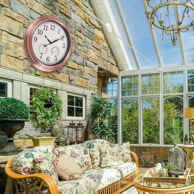16 Inch Outdoor Clock Thermometer Combo, Red Bronze Metal-Frame Waterproof Wall Clock