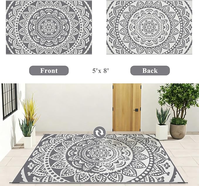 Bsmathom Waterproof Outdoor Rug 5'x8' Grey | Reversible, Boho Plastic Straw, Portable RV Mat, Indoor Outdoor, For Patio Deck Camping Beach Pool
