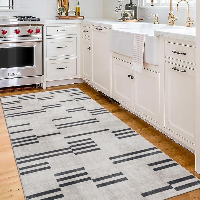 Machine Washable Area Rug Runner - Living Room Bedroom Bathroom Kitchen Entryway Office -Non-Slip Baking Low Pile Stain Resistant Premium - Modern Geometric Loki-Beige & Black 2'6" x 6'