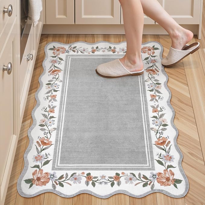 Lahome Floral Entryway Rug 2x3, Non-Slip Scalloped Kitchen Rug | Ultra-Thin Washable Door Mat Indoor Entrance Stain Resistant, Boho Throw Rugs for Bathroom Bedroom Ariele Grey