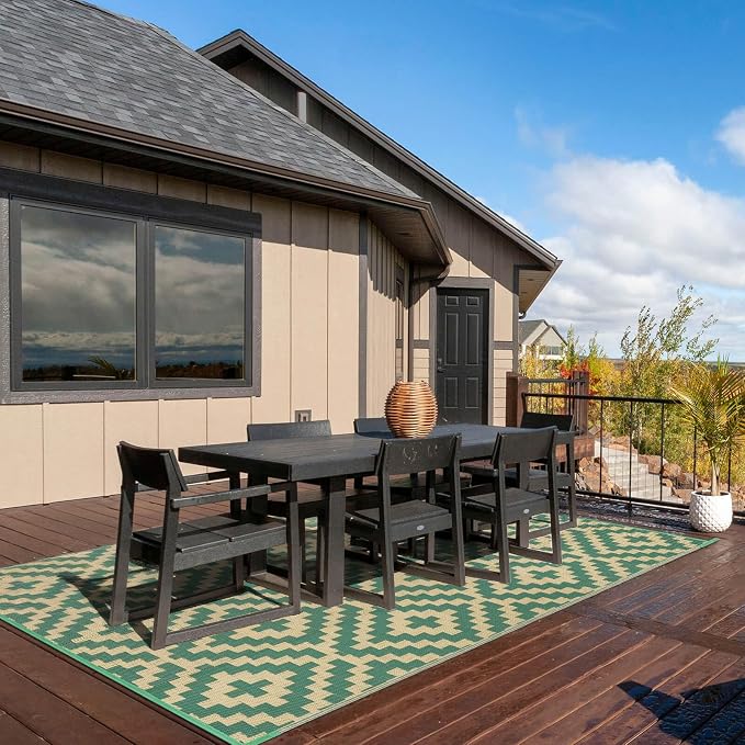 Outdoor Patio Plastic Straw Rug - 6x9 ft Outdoor Camping Rug Waterproof Reversible, Area Carpet Patios RV, Outside Porch Balcony Deck for Camper, Green & Yellow